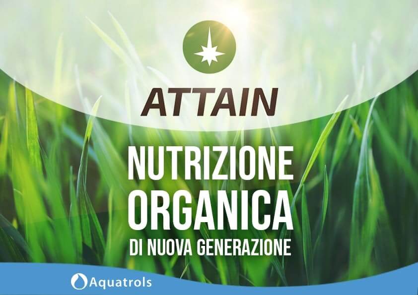 ATTAIN è un composto liquido di matrice organica specifico per tappeti erbosi che nasce dalla tecnologia AQUAVITAᵀᴹ sviluppata da AQUATROLS.