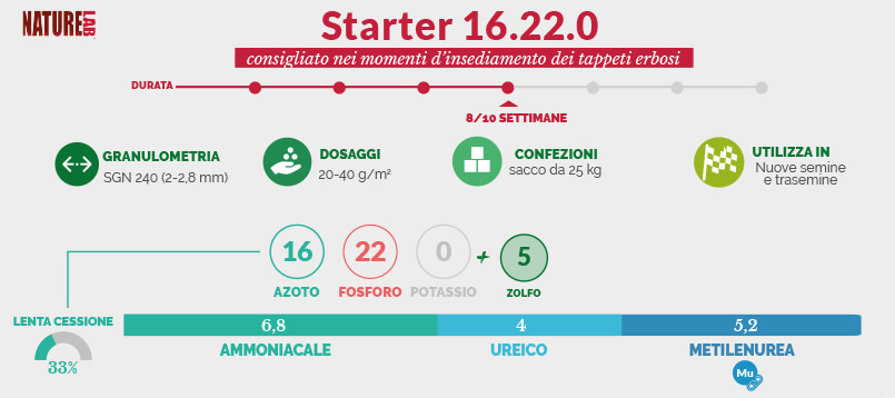 Applicazioni di NatureLab Starter 16-22-10 sono consigliate nei momenti d’insediamento dei tappeti erbosi, con riferimento sia alle operazioni di semina sia di trasemina.