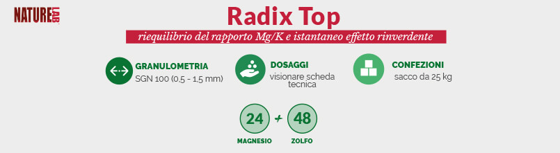 NatureLab Radix Top è particolarmente indicato per le concimazioni aventi funzioni di riequilibrio dei rapporti tra i differenti elementi nutritivi